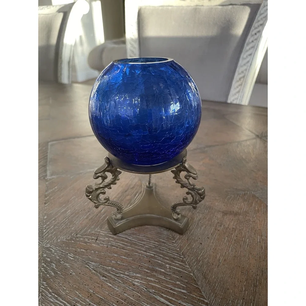 Vintage Cobalt Blue Crackle Glass Rose Bowl on Brass Tripod‎ Base Stand 7